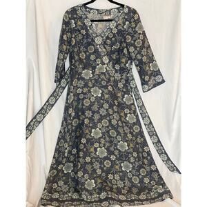 Anthropologie Isabella Bird Floral Retro Kimono Midi Dress, 100% Silk, Blue, 4